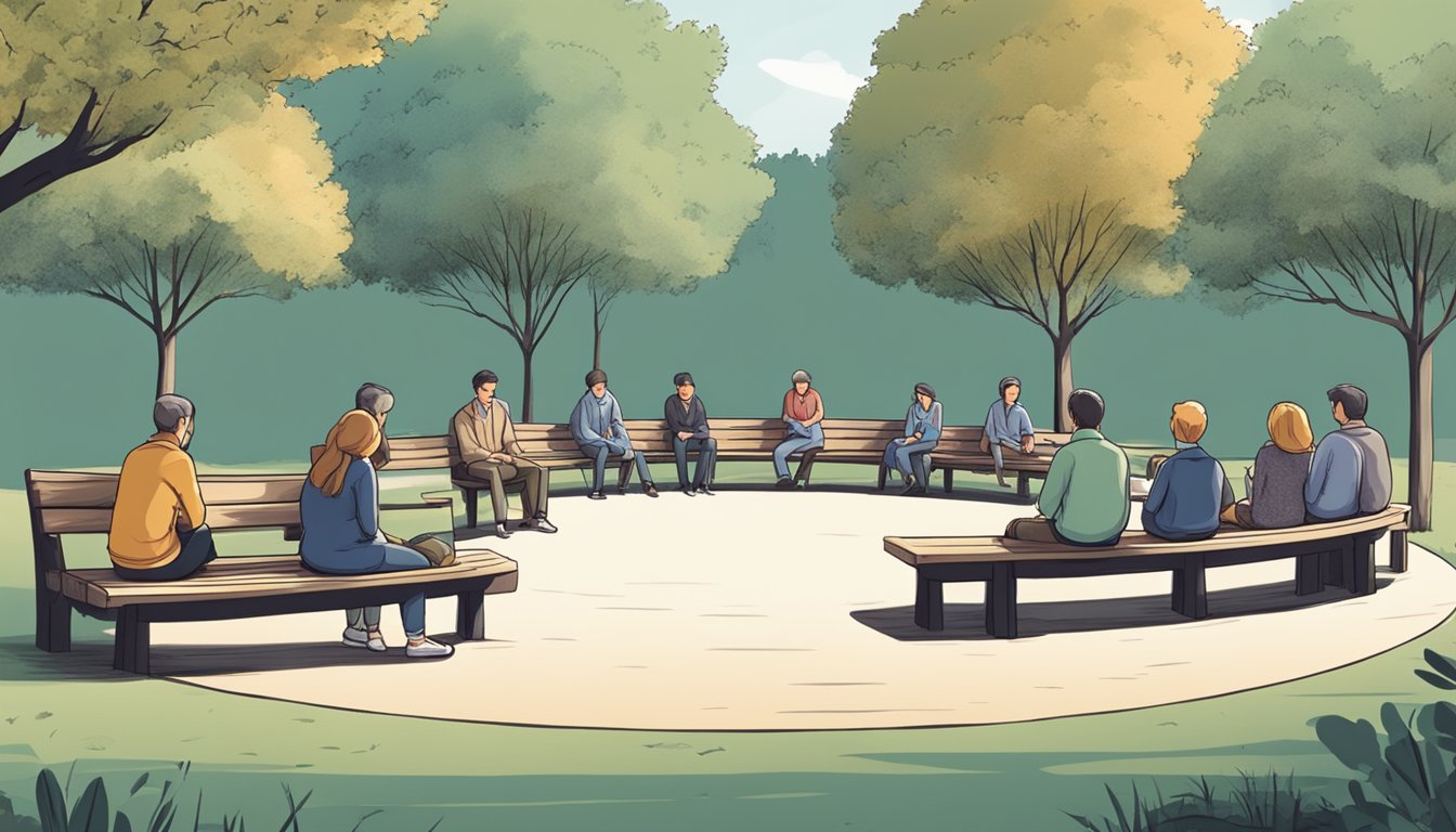 A person sitting alone on a bench surrounded by a circle of friends and family offering comfort and support