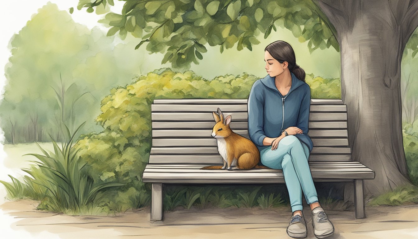 A person sitting alone on a bench, leaning against a tree, with a small animal nuzzling up to them for comfort