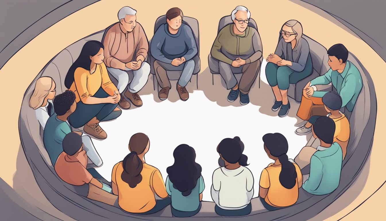 A circle of individuals sitting together, sharing their experiences and offering comfort to one another. The setting is warm and inviting, with a sense of empathy and understanding in the air