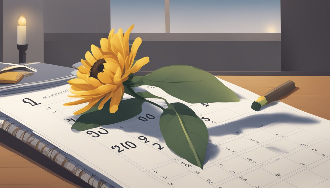 A single wilting flower sitting on a calendar marking the date of a loved one's passing. The surrounding area is dimly lit, with a somber and reflective atmosphere