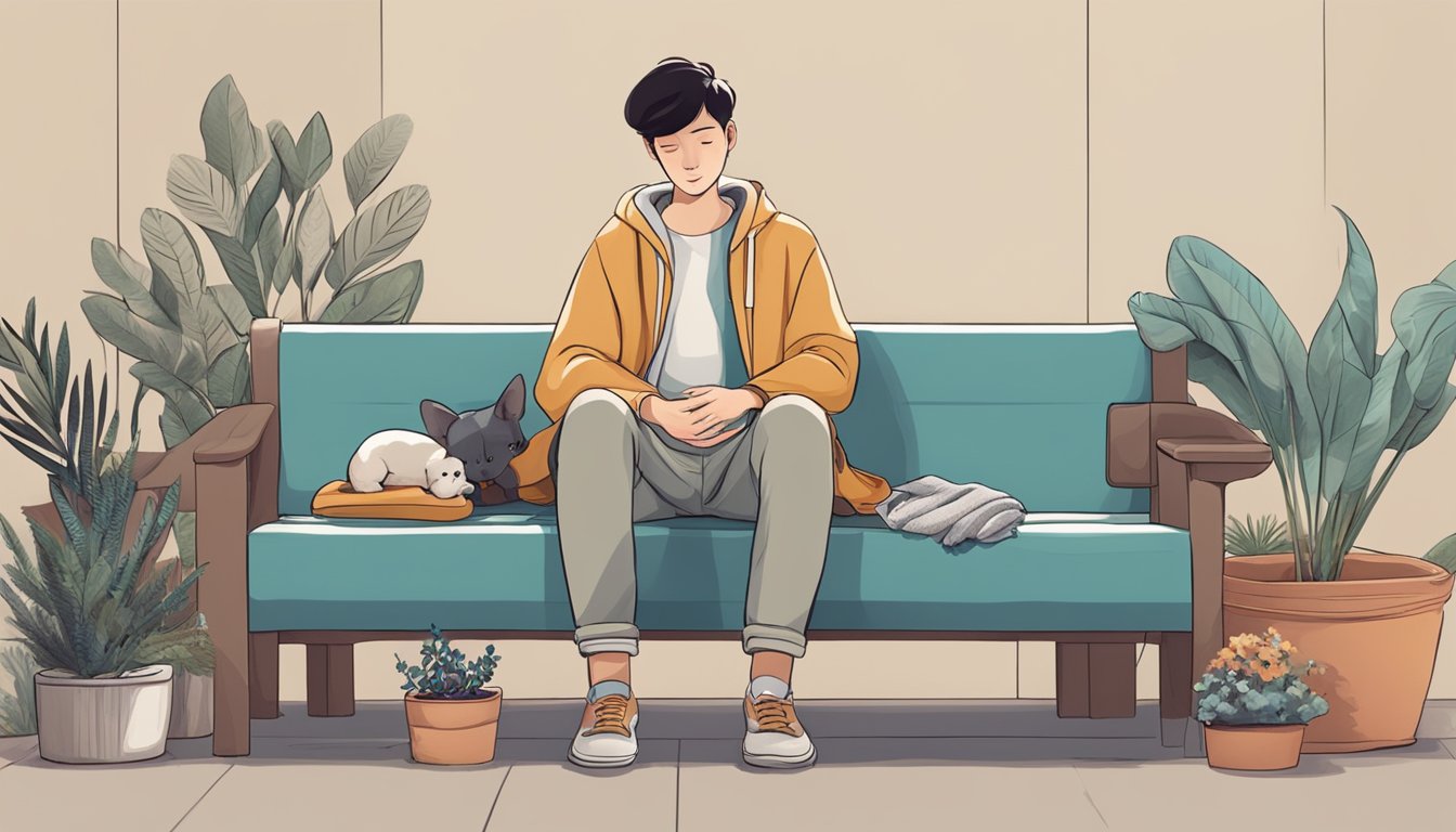 A person sitting alone on a bench, surrounded by soft, comforting objects like blankets, pillows, and a pet