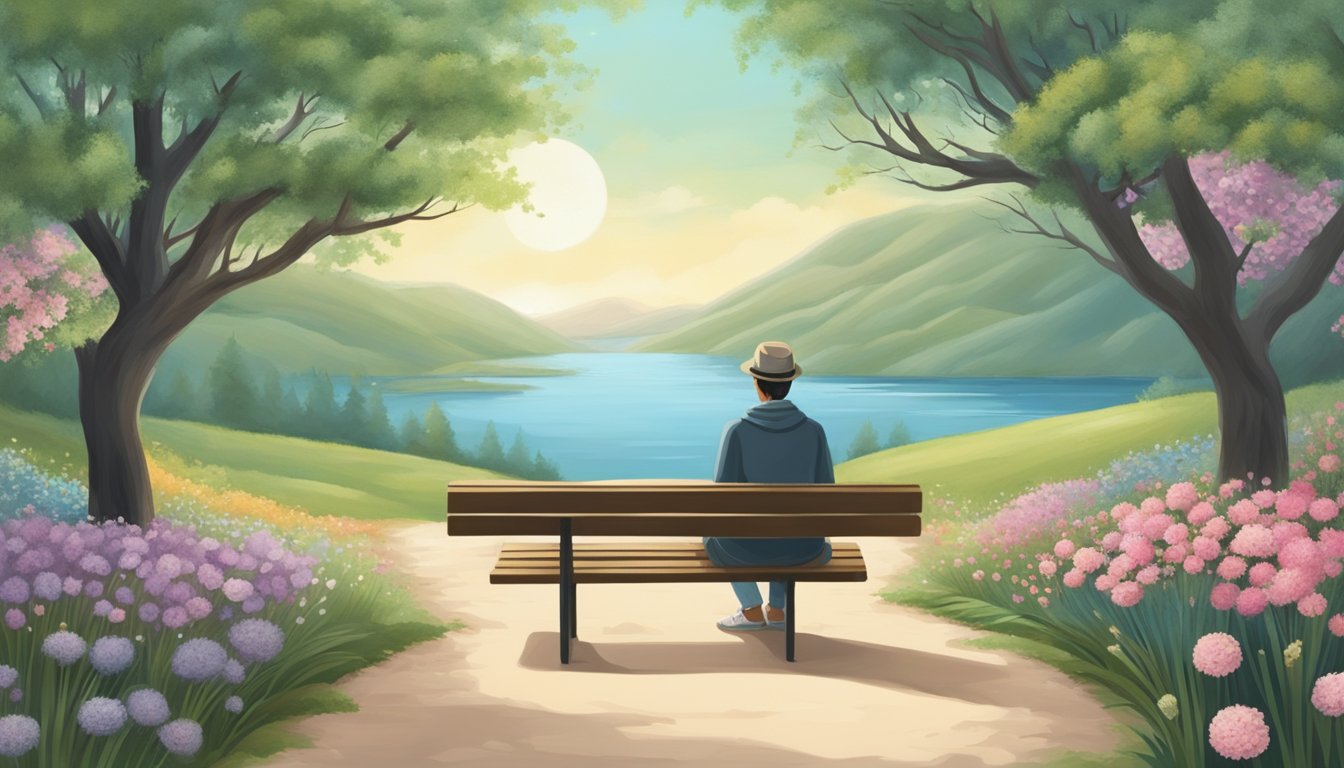 A solitary figure sits on a bench beside a winding path, surrounded by blooming flowers and a serene landscape, symbolizing the journey of recovery from grief