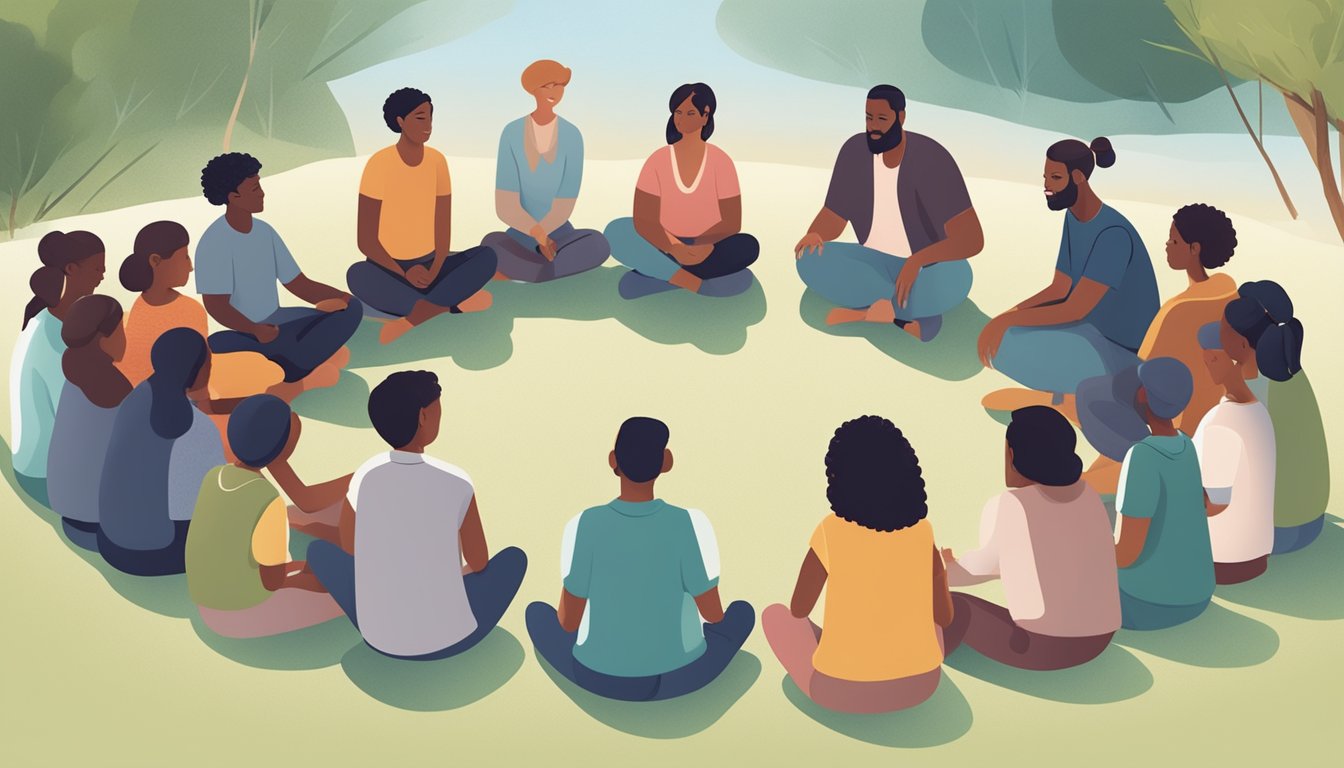 A group of diverse individuals gather in a circle, offering comfort and support to one another in a peaceful and serene setting