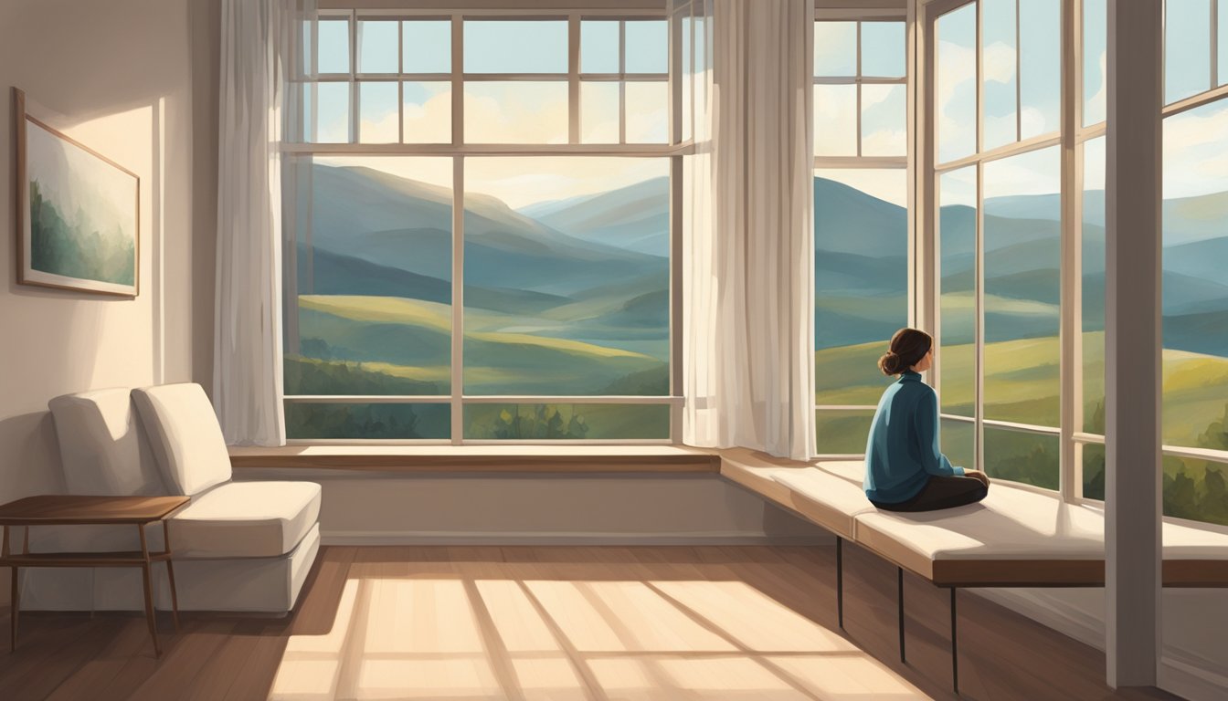 A solitary figure sits by a window, gazing out at a serene landscape as they reflect on their emotions. The room is filled with soft, natural light, creating a sense of calm and introspection