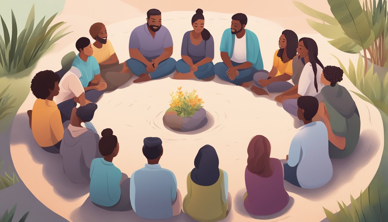 A group of diverse individuals gather in a circle, offering comfort and support to one another in a serene and tranquil setting