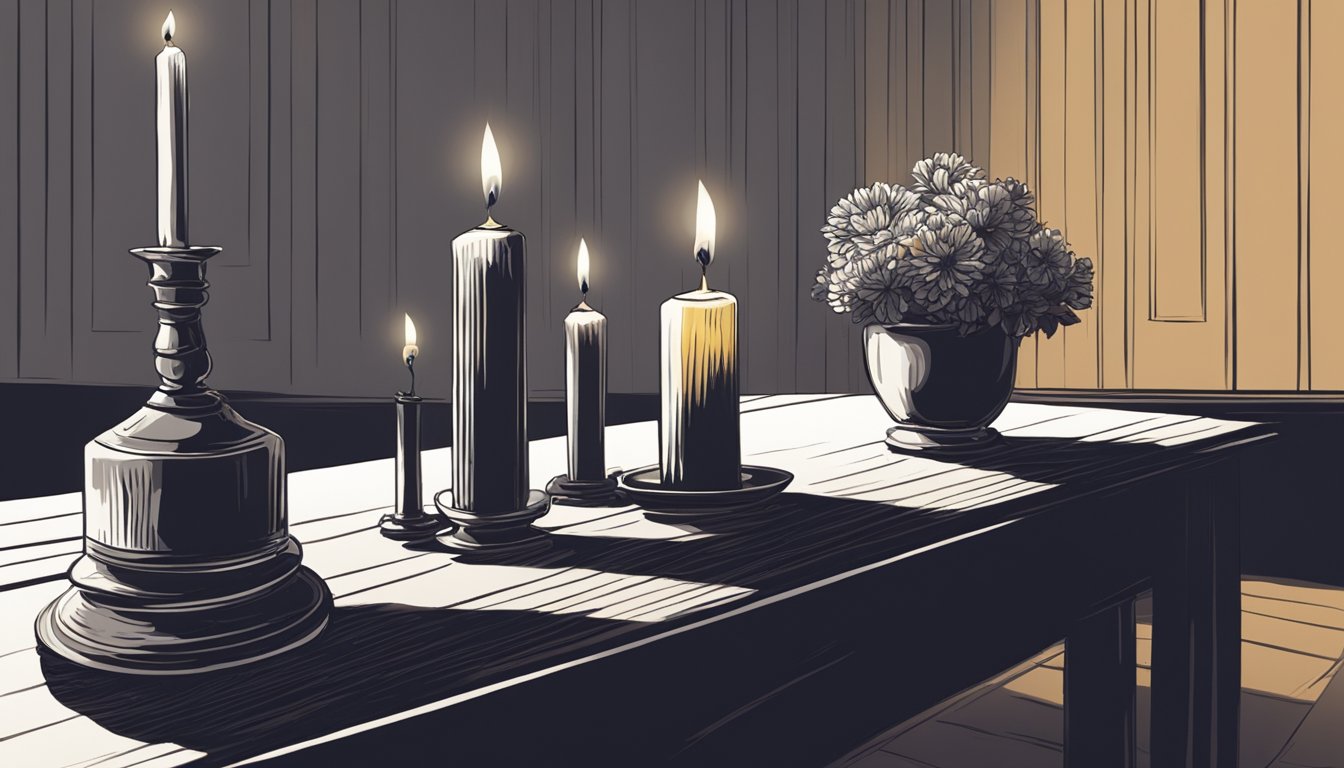 A single candle flickers in a dark room, casting long shadows on the walls. A photo of the departed sits on a table, surrounded by wilting flowers