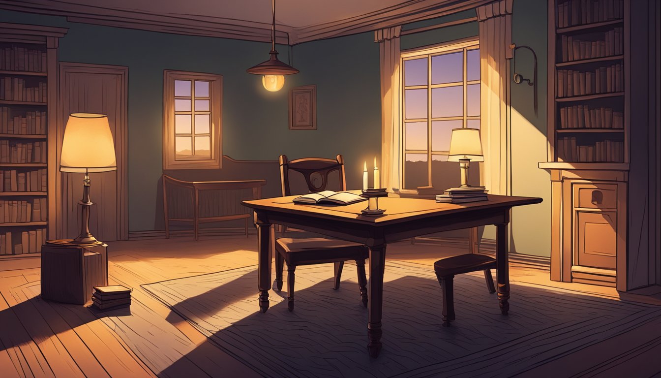 A dimly lit room with a single candle burning, casting long shadows across the walls. A chair sits empty, a book left open on the table, and a pair of glasses abandoned on the armrest