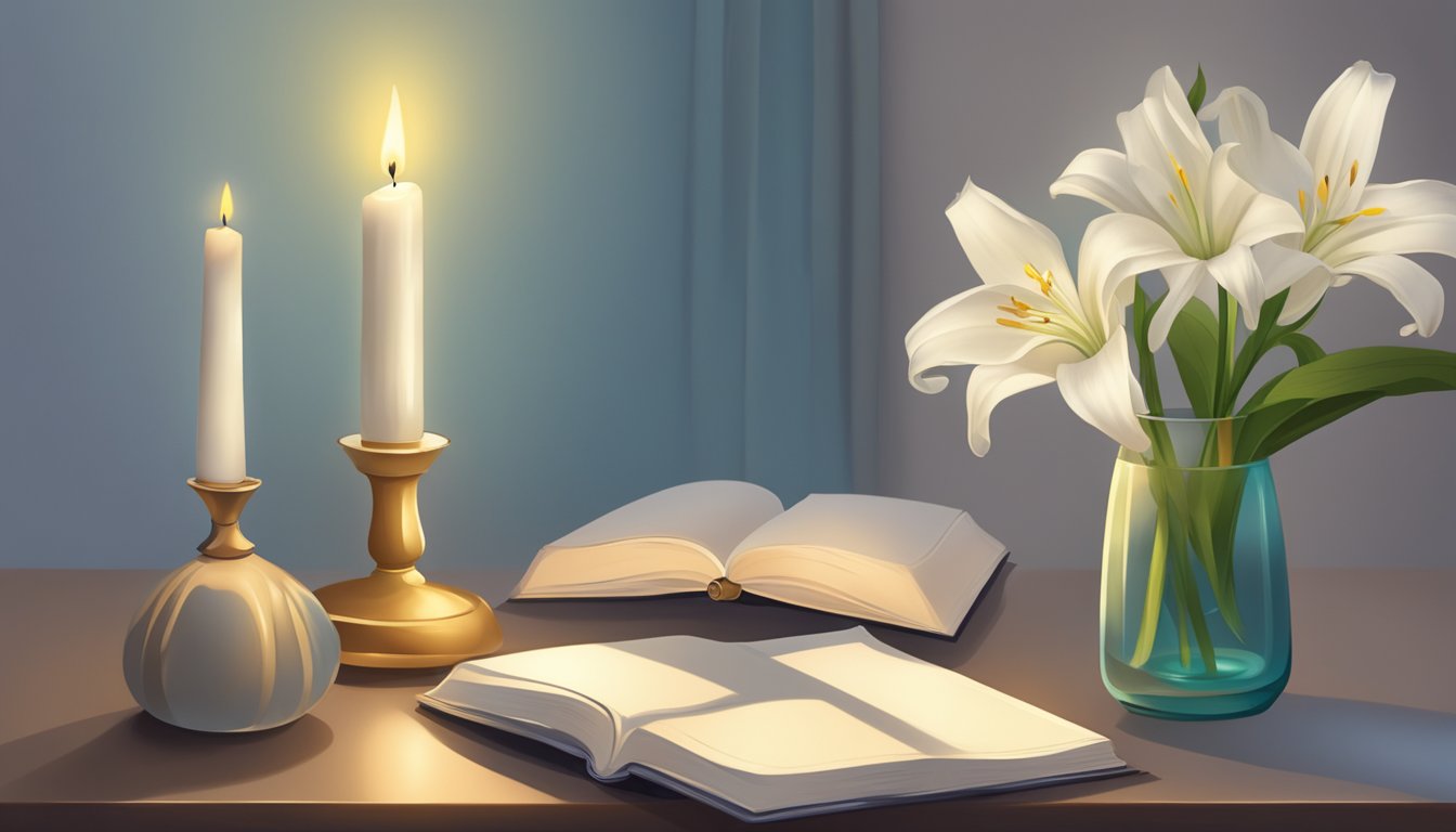 A solitary candle flickers on a bedside table, casting a soft glow over a photo album and a single white lily in a vase