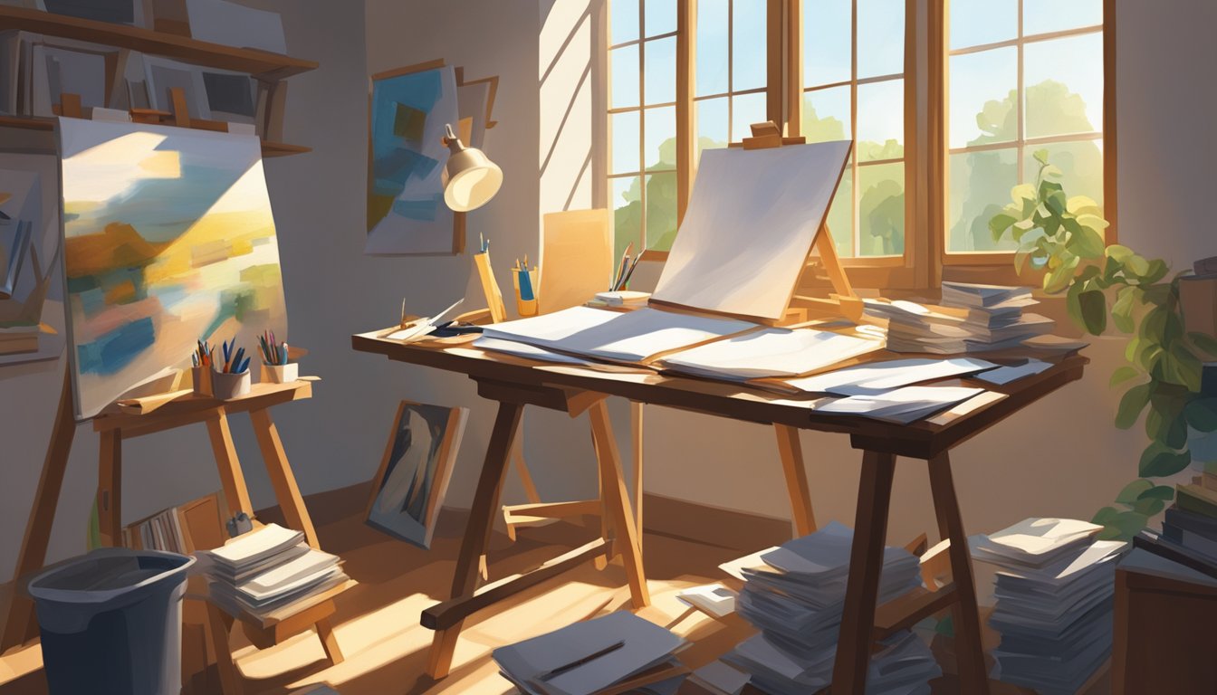 A cluttered desk with scattered papers, an open notebook, and a half-finished painting on an easel. Sunlight streams through a window, casting long shadows