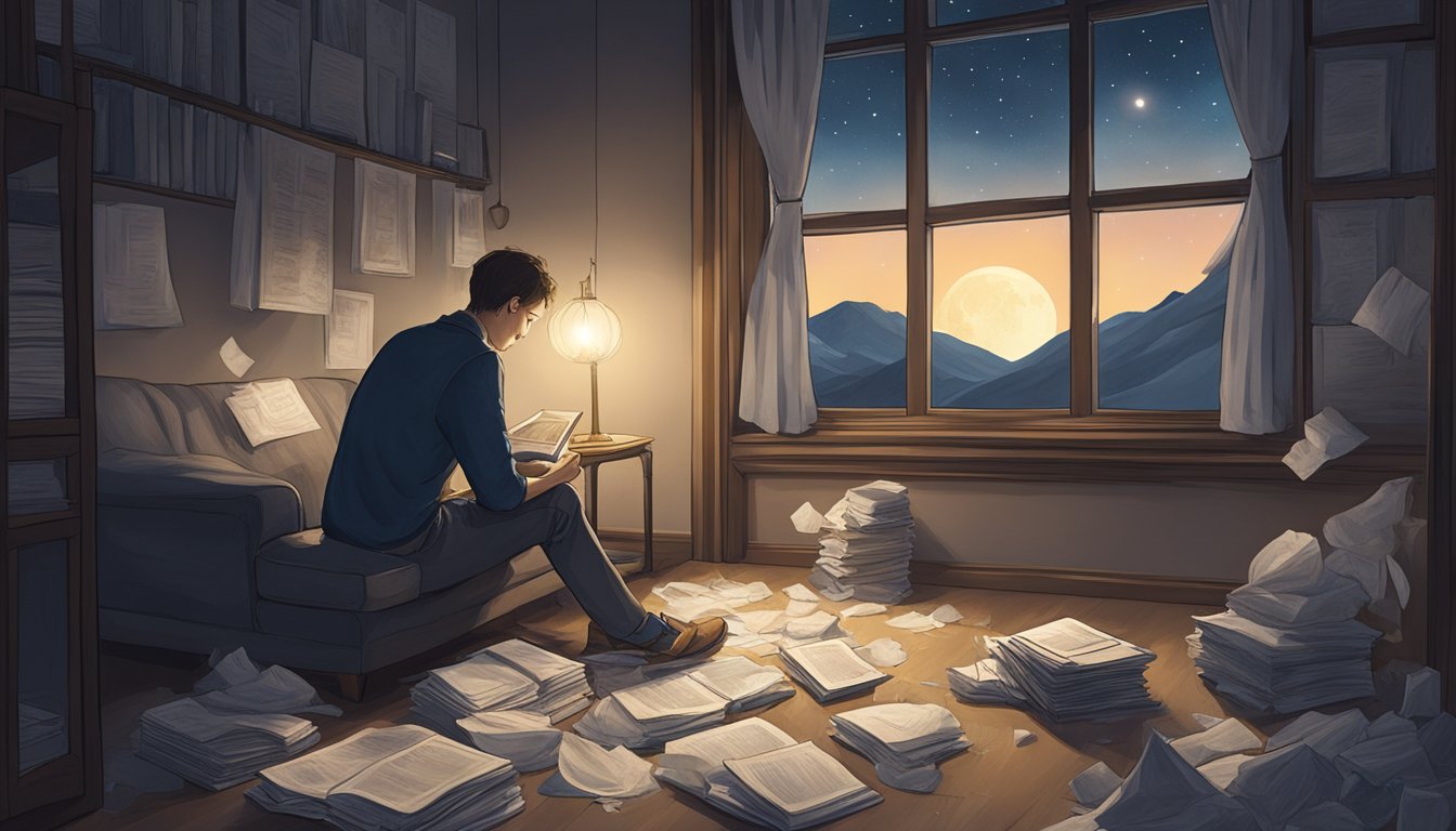 A lone figure sits by a dimly lit window, gazing out at the moonlit sky, surrounded by scattered tissues and a photo album