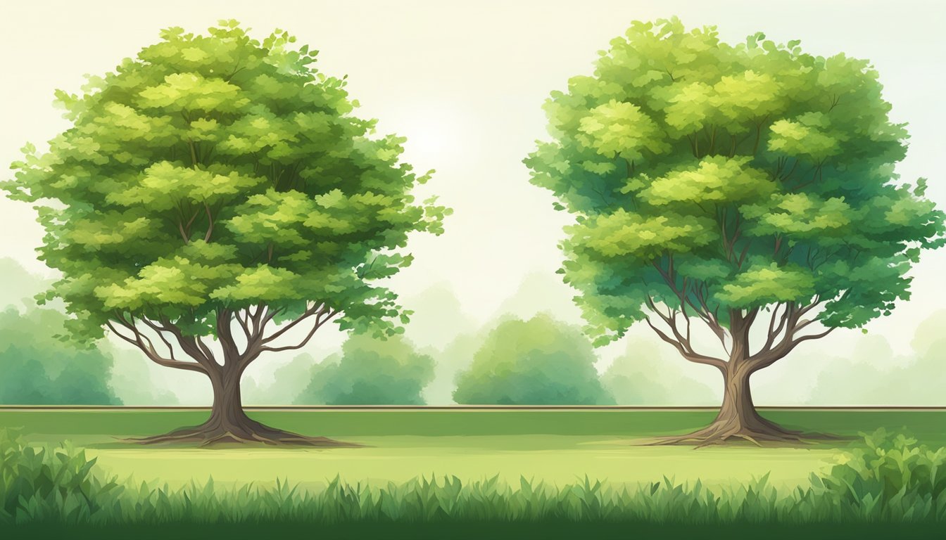 Two young trees, one with vibrant green leaves and the other with wilting leaves, stand side by side in a peaceful garden