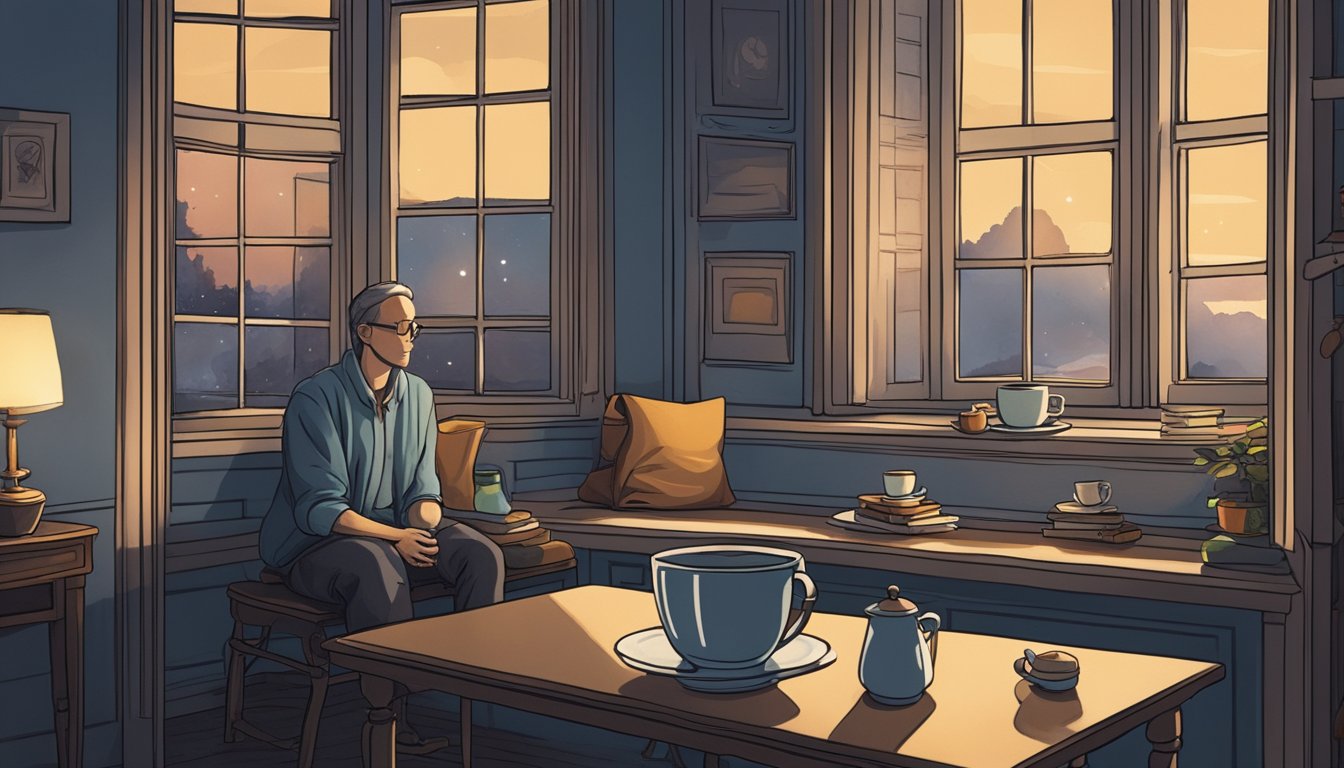 A solitary figure sits by a dimly-lit window, surrounded by comforting objects and a warm cup of tea, reflecting on memories and finding solace in the quiet of the night