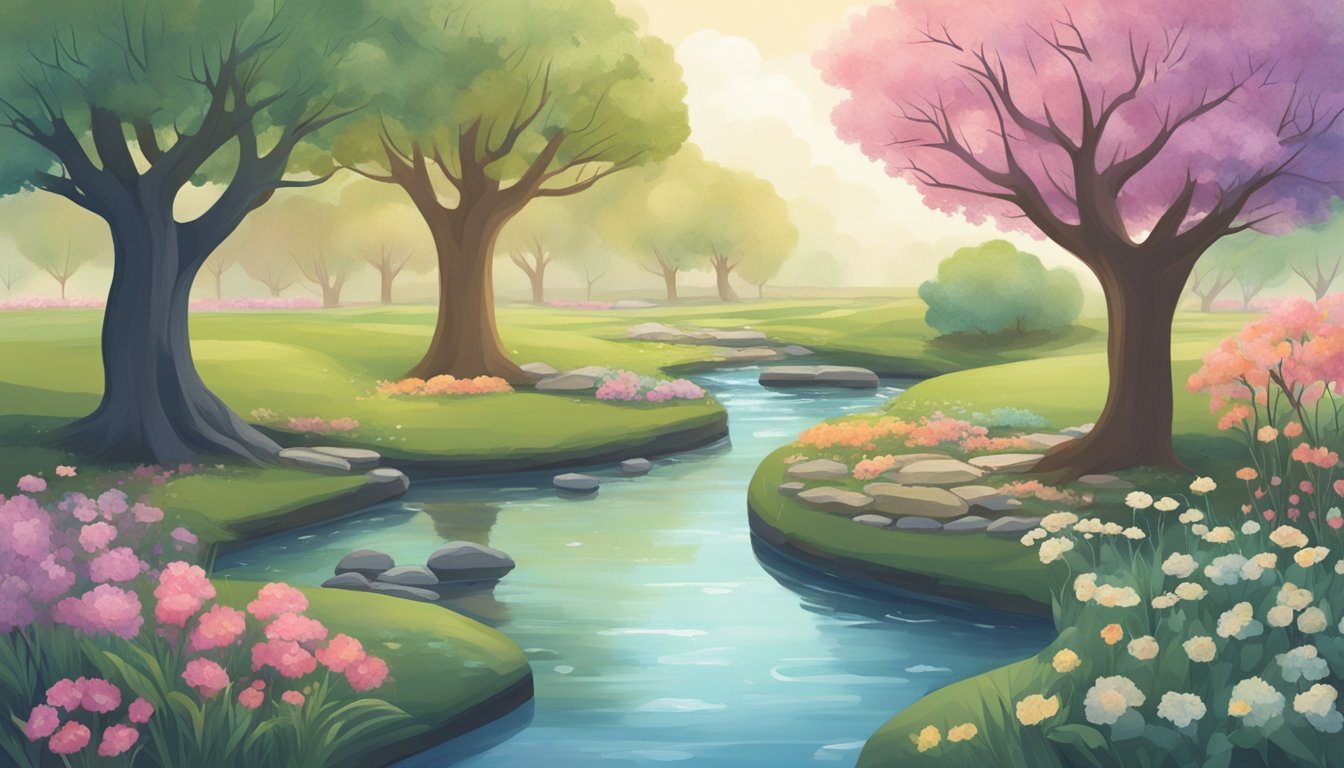 A serene garden with two trees, one flourishing and one bare, symbolizing the different stages of grief. A small stream flows through, representing the healing process