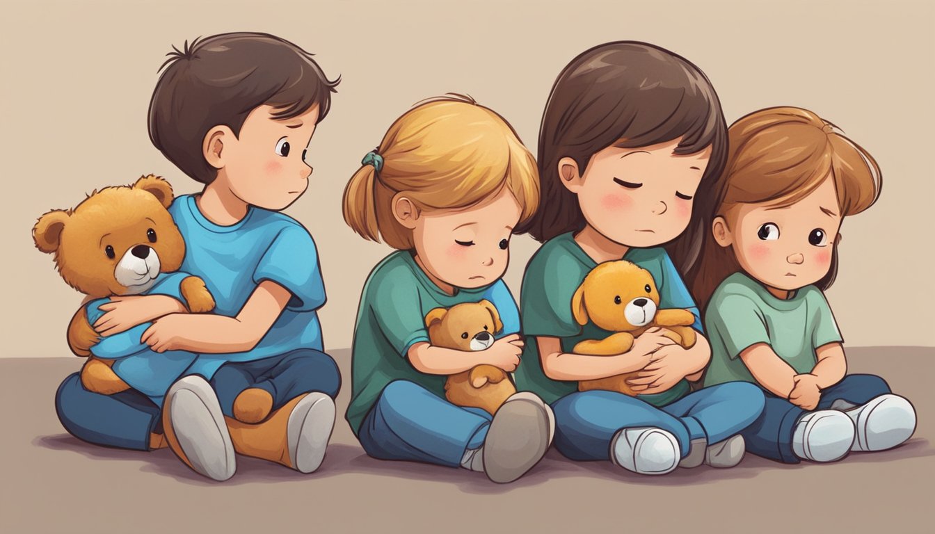 A group of siblings sitting in a circle, each expressing their grief in different ways. One sibling is crying, another is staring off into the distance, and another is hugging a stuffed animal for comfort