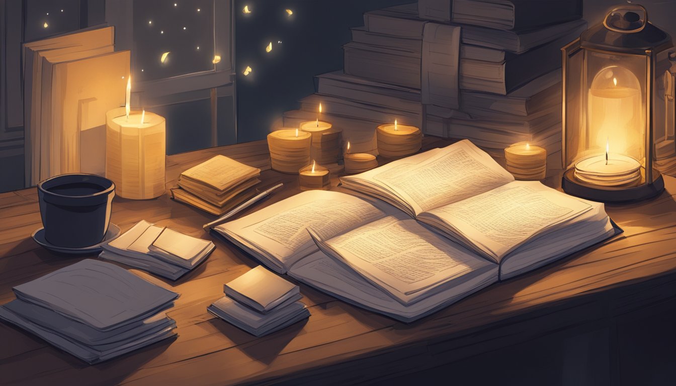 A dimly lit room with scattered papers and an open journal, surrounded by flickering candles and a sense of peaceful solitude