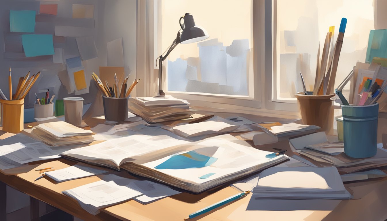 A cluttered desk with an open journal, scattered papers, and a half-finished painting. A soft light filters through the window, casting shadows on the unfinished projects