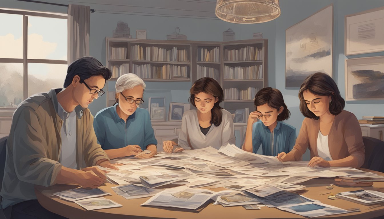 A family gathered around a table, looking at photos and mementos of the deceased. A few unfinished projects and letters are scattered on the table