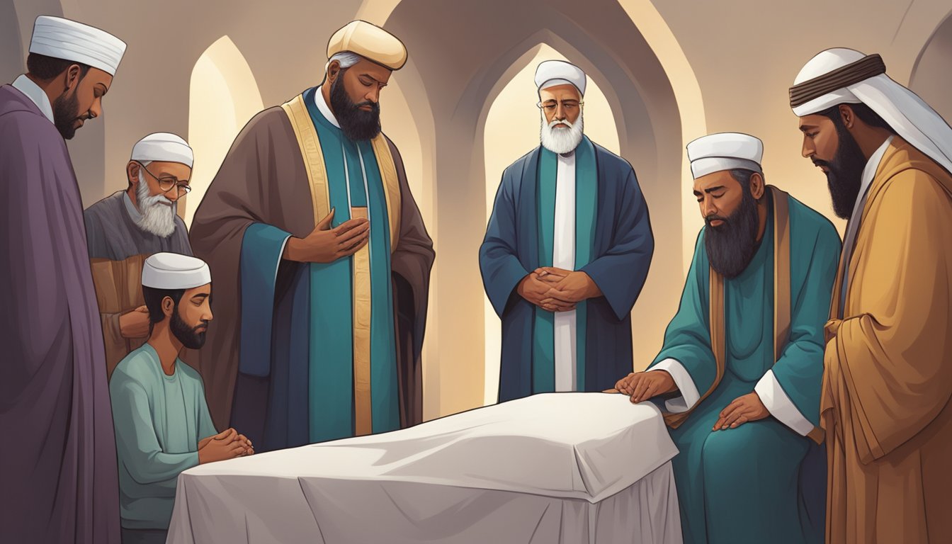 A group of religious leaders from different faith traditions gather around a grieving family, offering words of comfort and support after a death