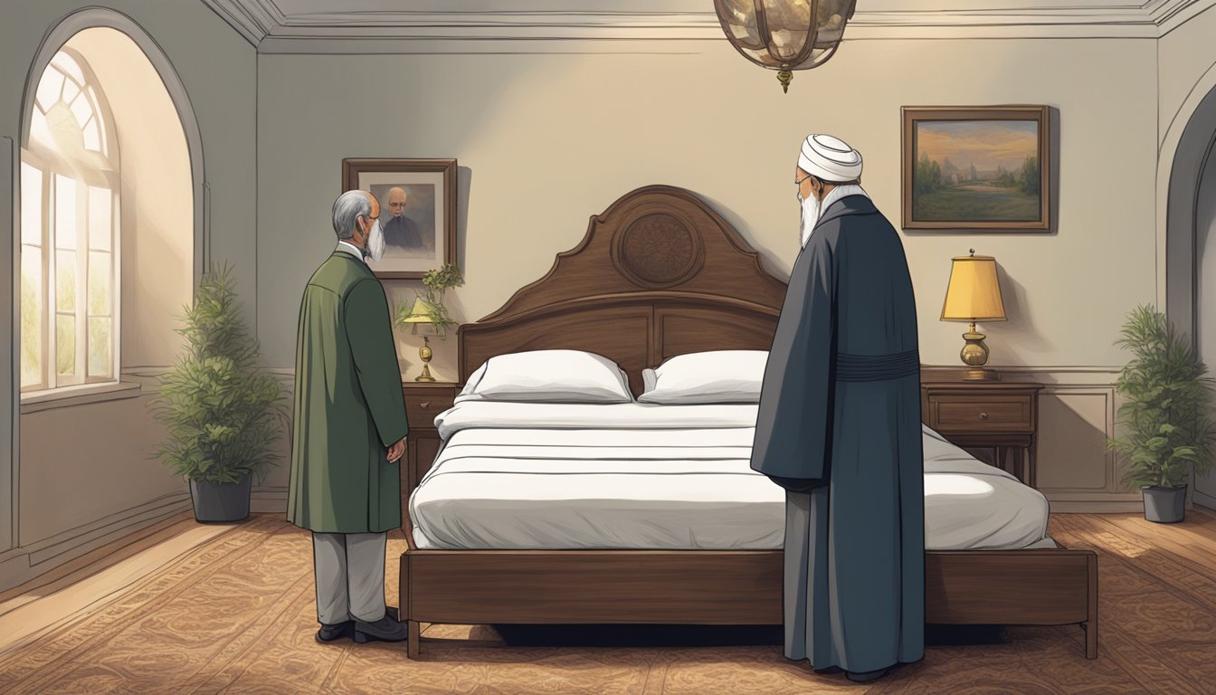 A religious leader standing beside a deceased person's bed, offering comfort and support to grieving family members