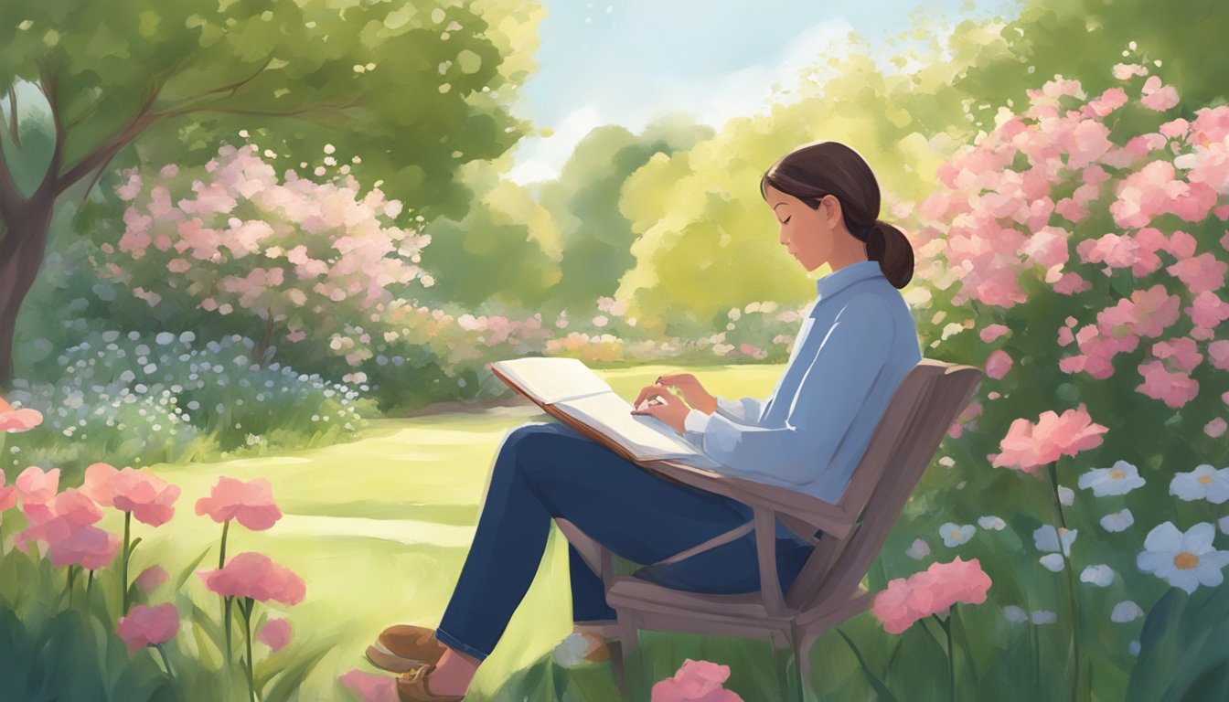 A person sitting alone in a peaceful garden, surrounded by blooming flowers and gentle sunlight, with a journal and pen in hand