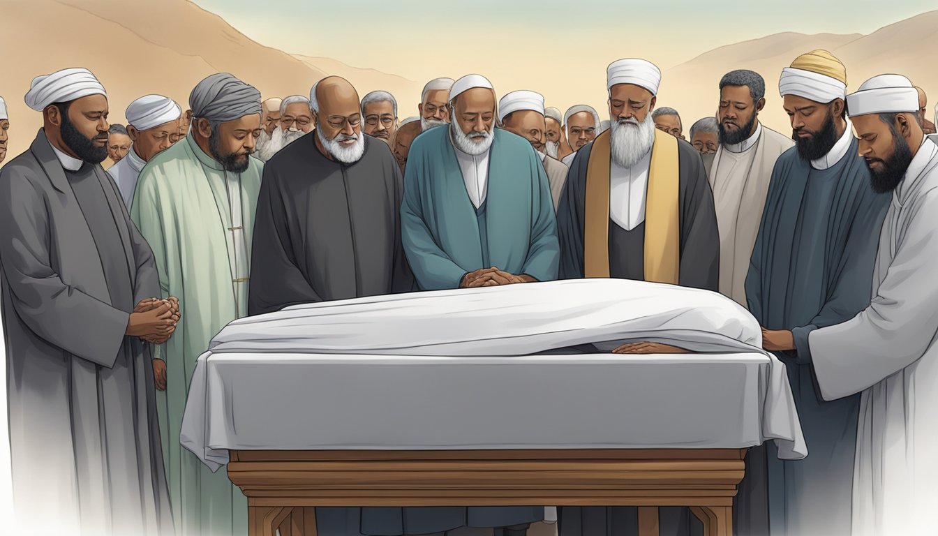 A group of religious leaders gather around a deceased individual, offering prayers and comfort to the grieving family members