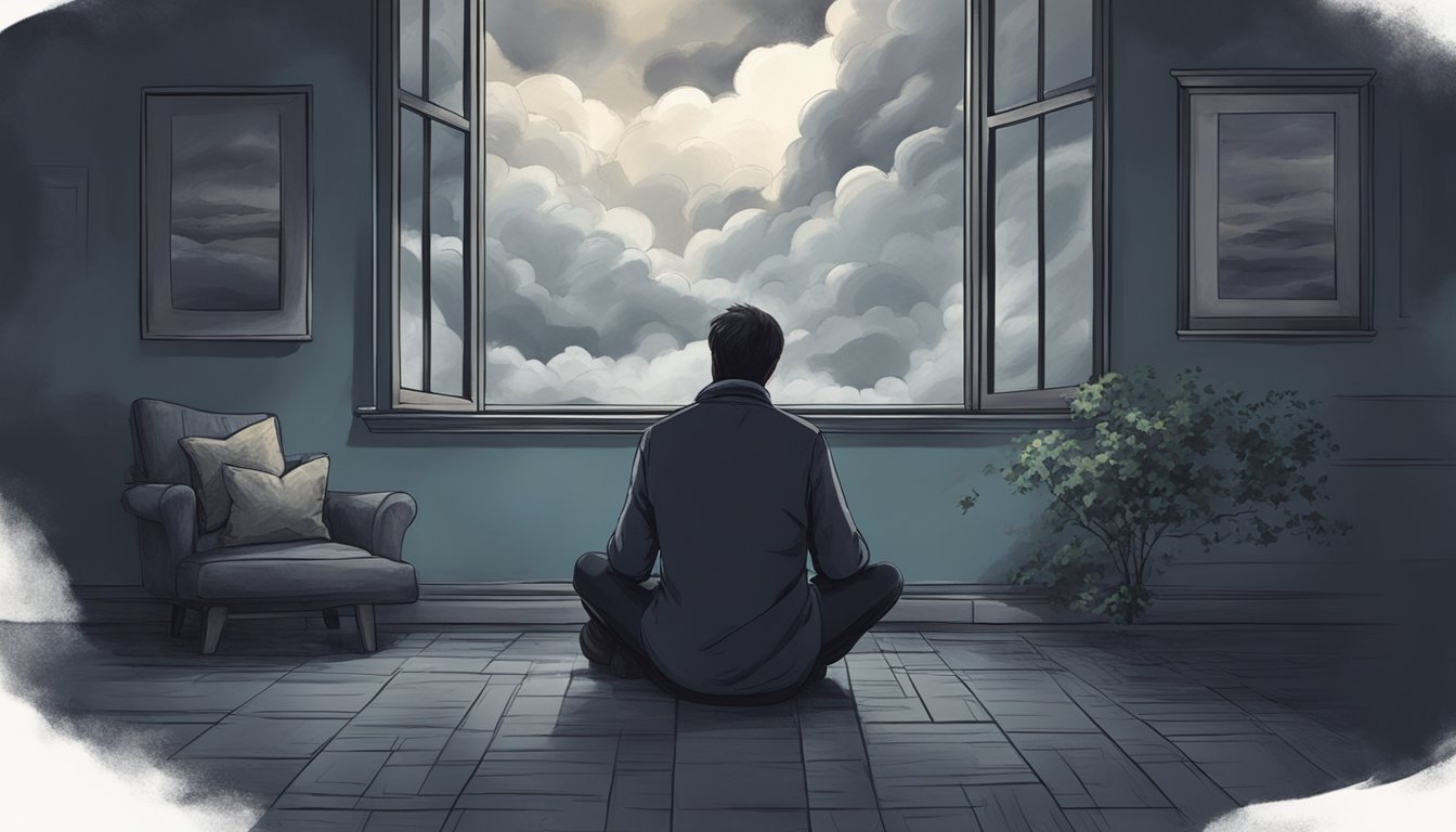 A person sitting alone, surrounded by dark clouds and haunting images of a loved one's final moments