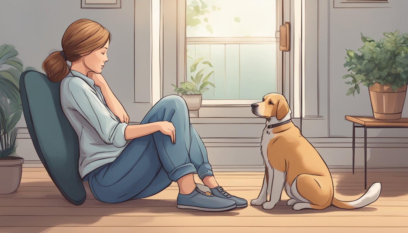 A pet sitting next to a grieving person, offering comfort and companionship with a gentle nuzzle or by sitting close by