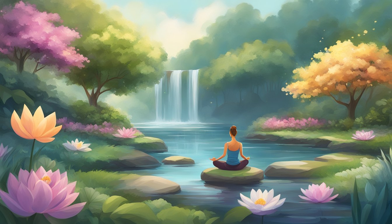 A figure sitting in a peaceful garden, surrounded by calming elements like flowers and flowing water, while engaging in meditation or deep breathing exercises