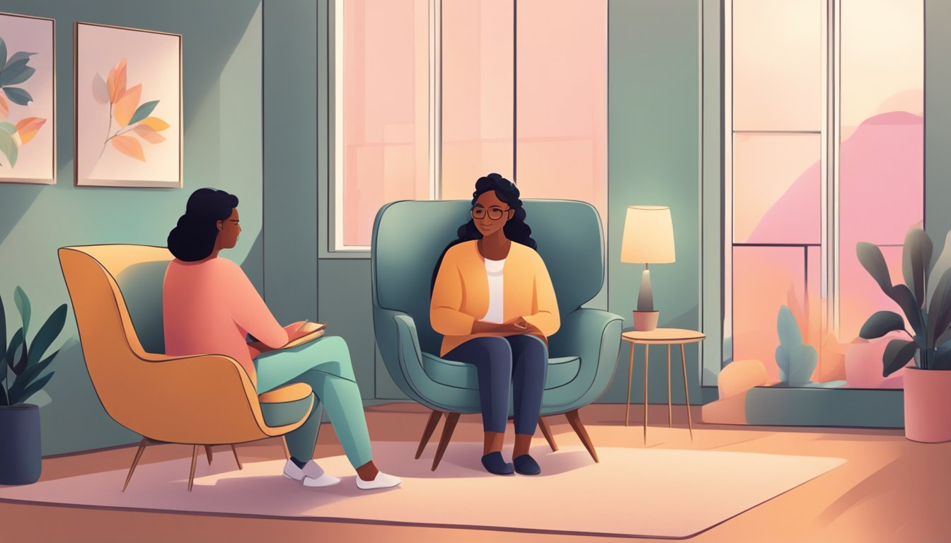 A person sitting in a therapist's office, surrounded by comforting colors and soft lighting, while the therapist listens and offers support