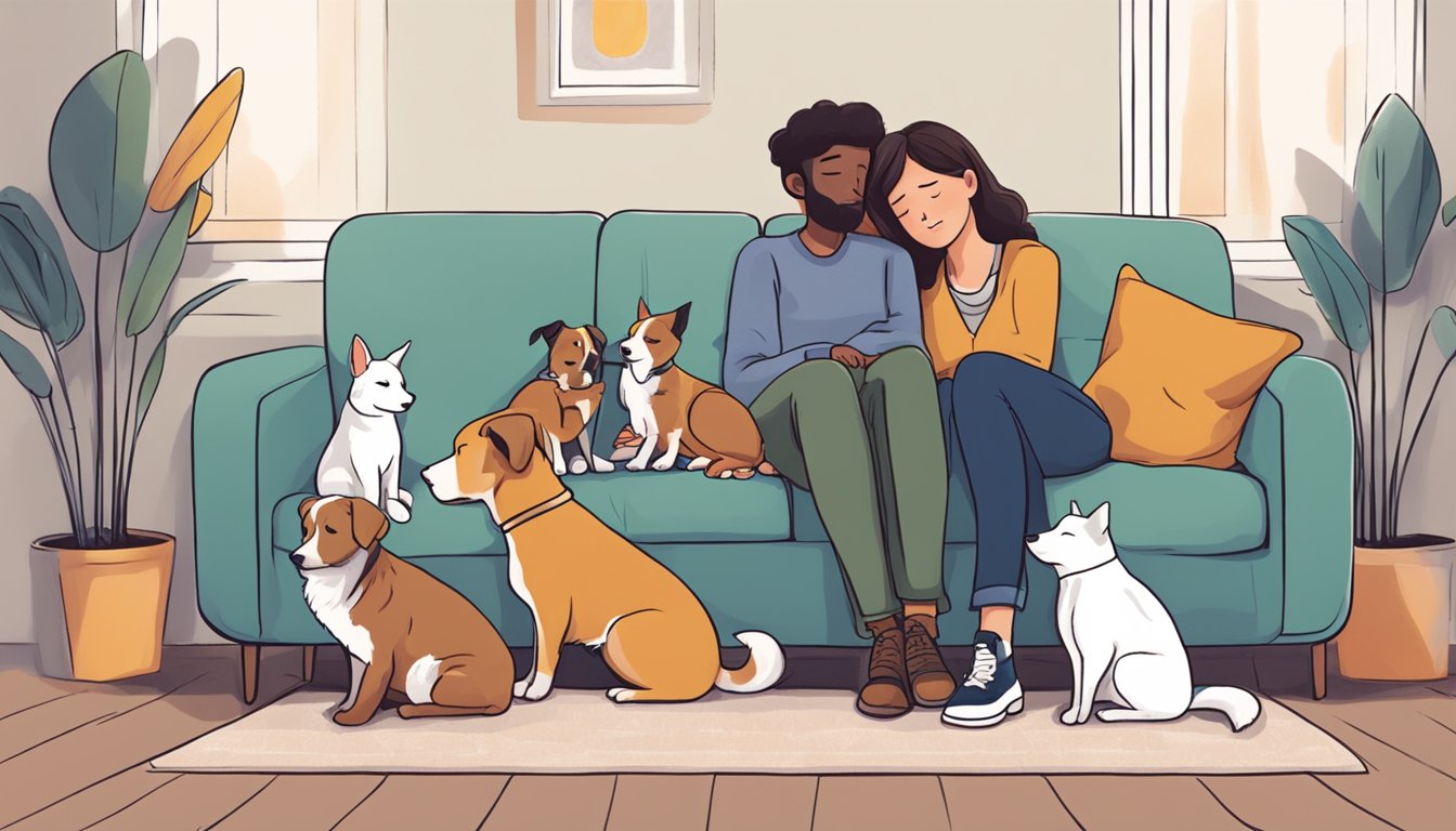 A grieving person sitting on a couch, surrounded by their pets who are nuzzling and comforting them with their presence