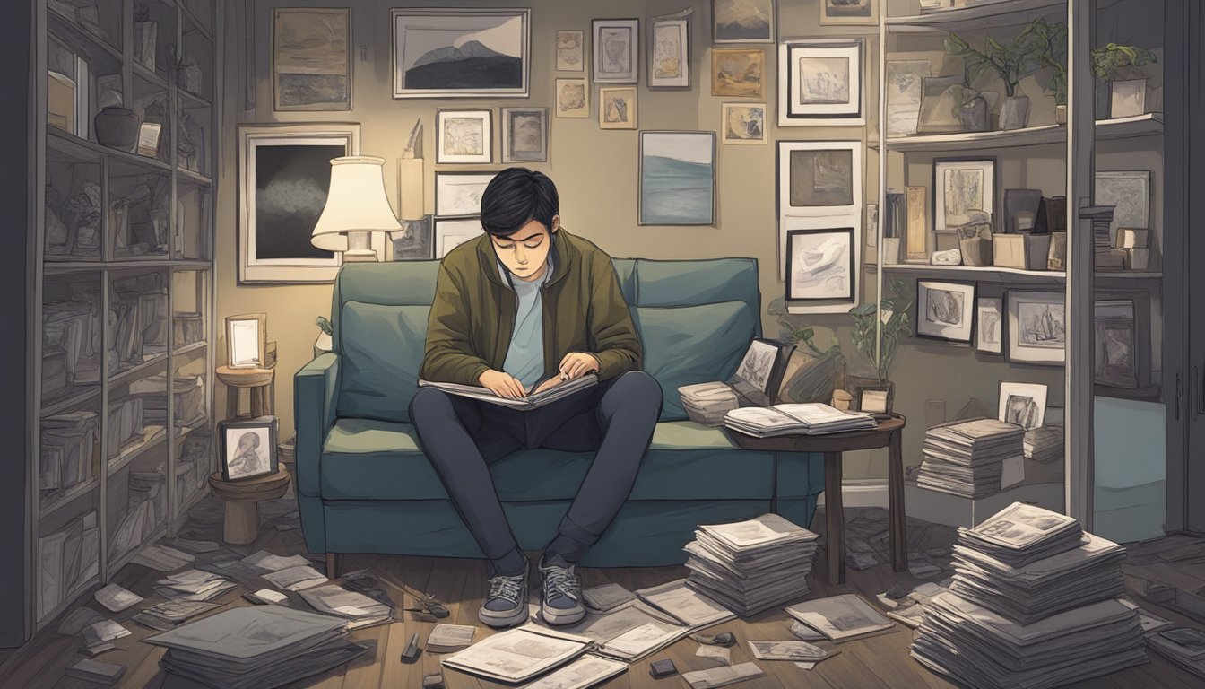 A person sitting alone in a dimly lit room, surrounded by photos and mementos of the deceased, with a troubled expression as they struggle with intrusive thoughts