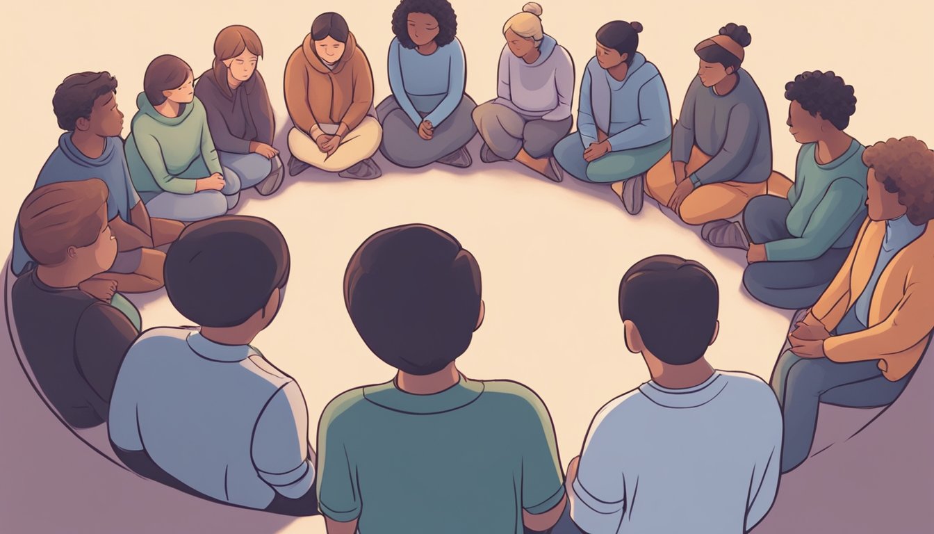 A group of people gather in a circle, offering comfort and support to someone struggling with intrusive thoughts about a loved one's final moments