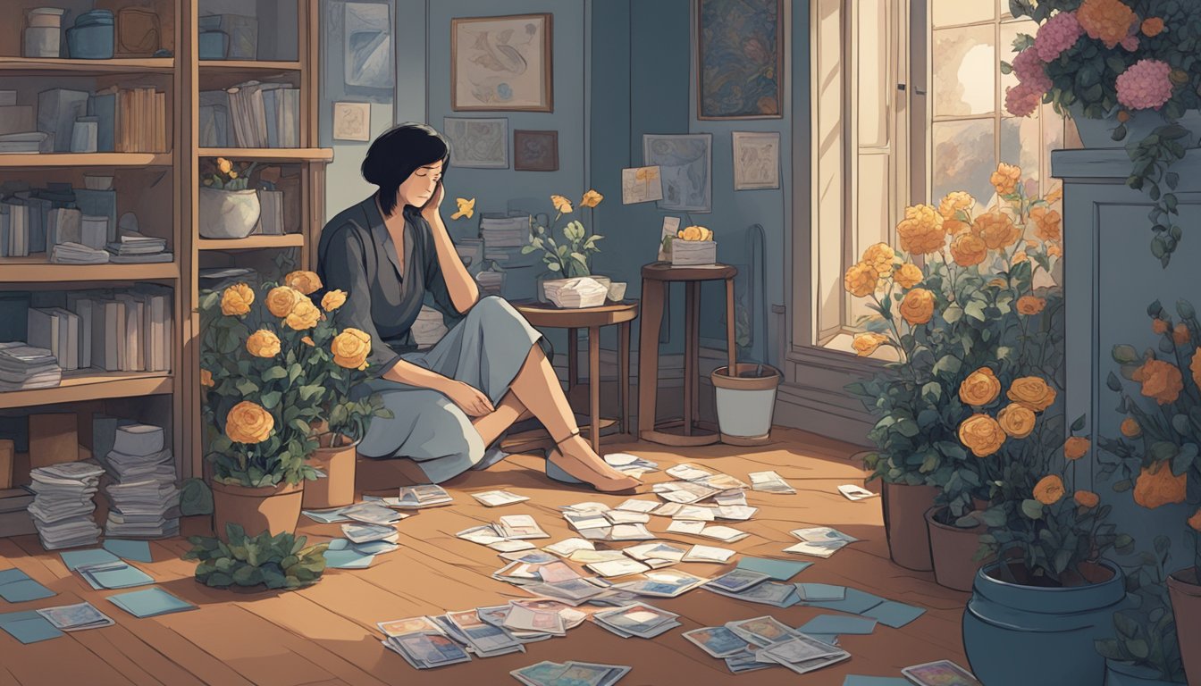 A person sitting alone in a dimly lit room, surrounded by flowers and cards, with a somber expression on their face