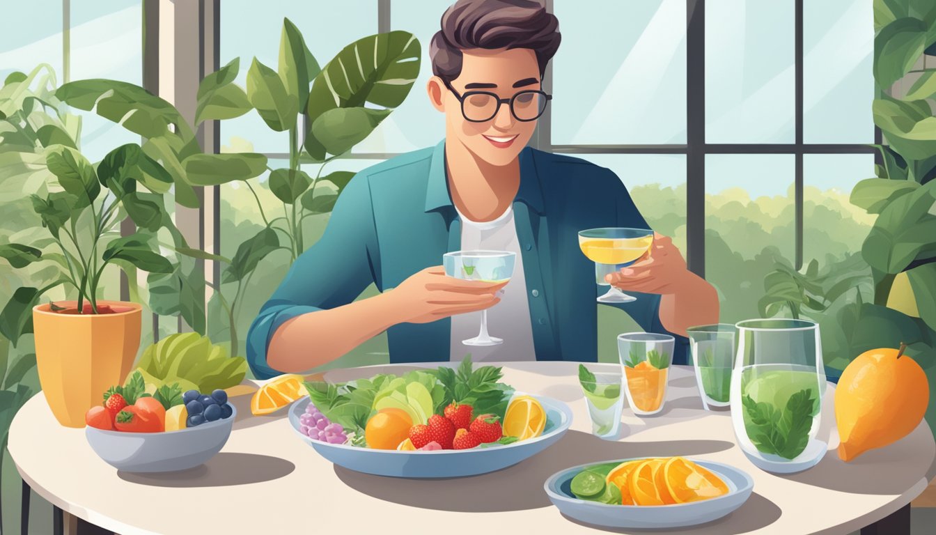 A person sitting at a table with a glass of water and a plate of colorful, nutritious food, surrounded by plants and natural light