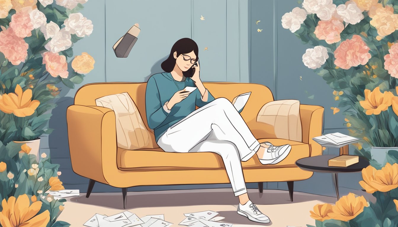 A person sitting on a couch surrounded by flowers and cards, receiving condolence calls on a mobile phone