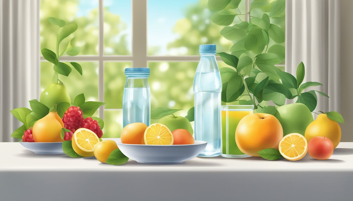 A table set with a glass of water, fruits, and a bottle of supplements, surrounded by greenery and natural light