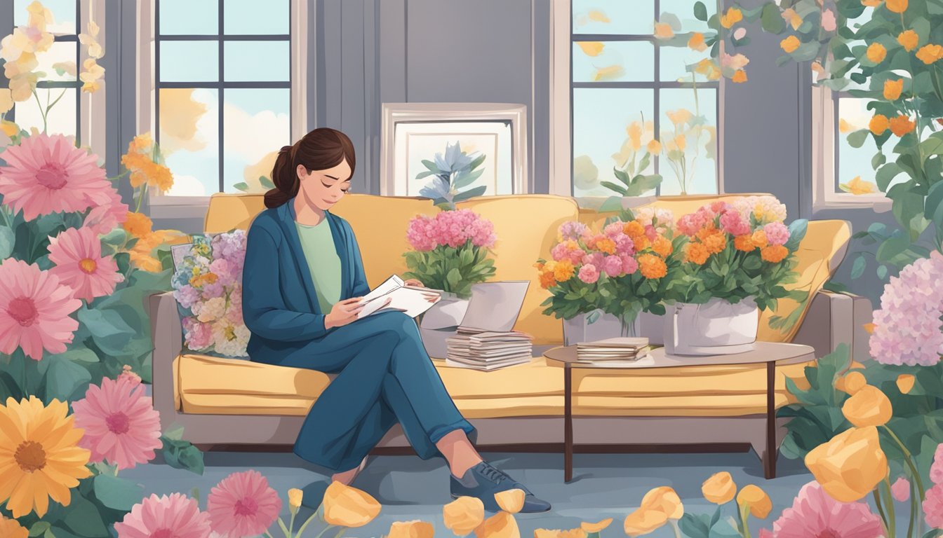 A person sitting on a couch surrounded by flowers and cards, receiving visitors expressing condolences