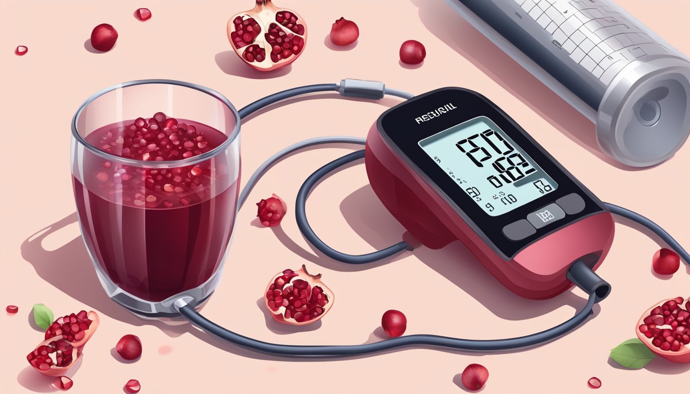 A glass of pomegranate juice surrounded by scattered pomegranate seeds and a blood pressure monitor showing reduced numbers