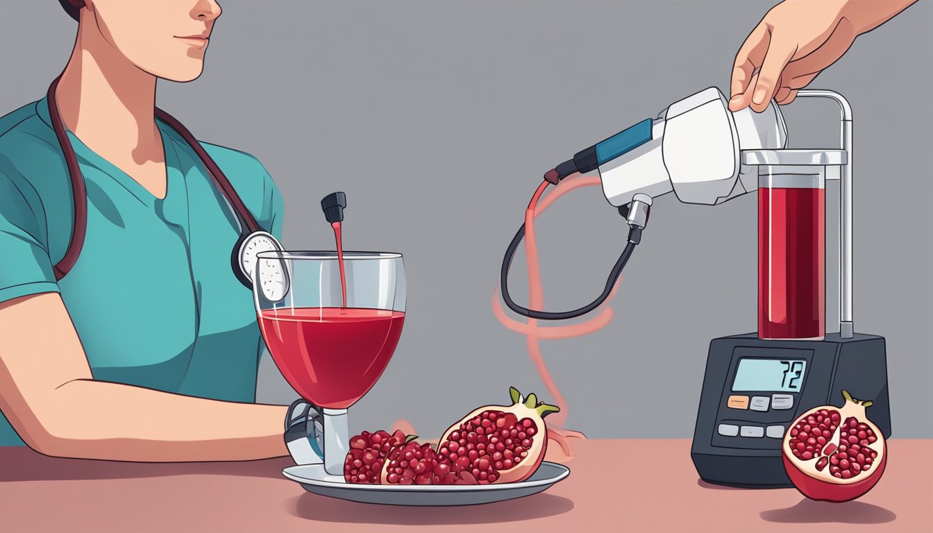 A person pouring pomegranate juice into a glass with a blood pressure monitor in the background