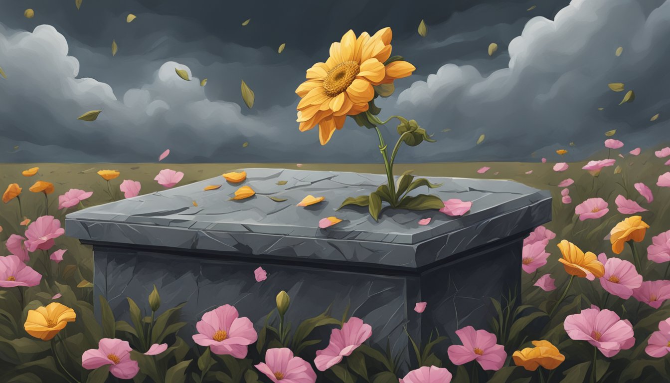 A wilted flower resting on a cracked gravestone, surrounded by scattered petals and a heavy, brooding sky overhead