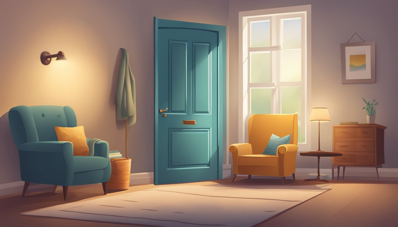 A closed door with a "Do Not Disturb" sign hanging on the handle, soft lighting, and a cozy armchair with a blanket draped over it