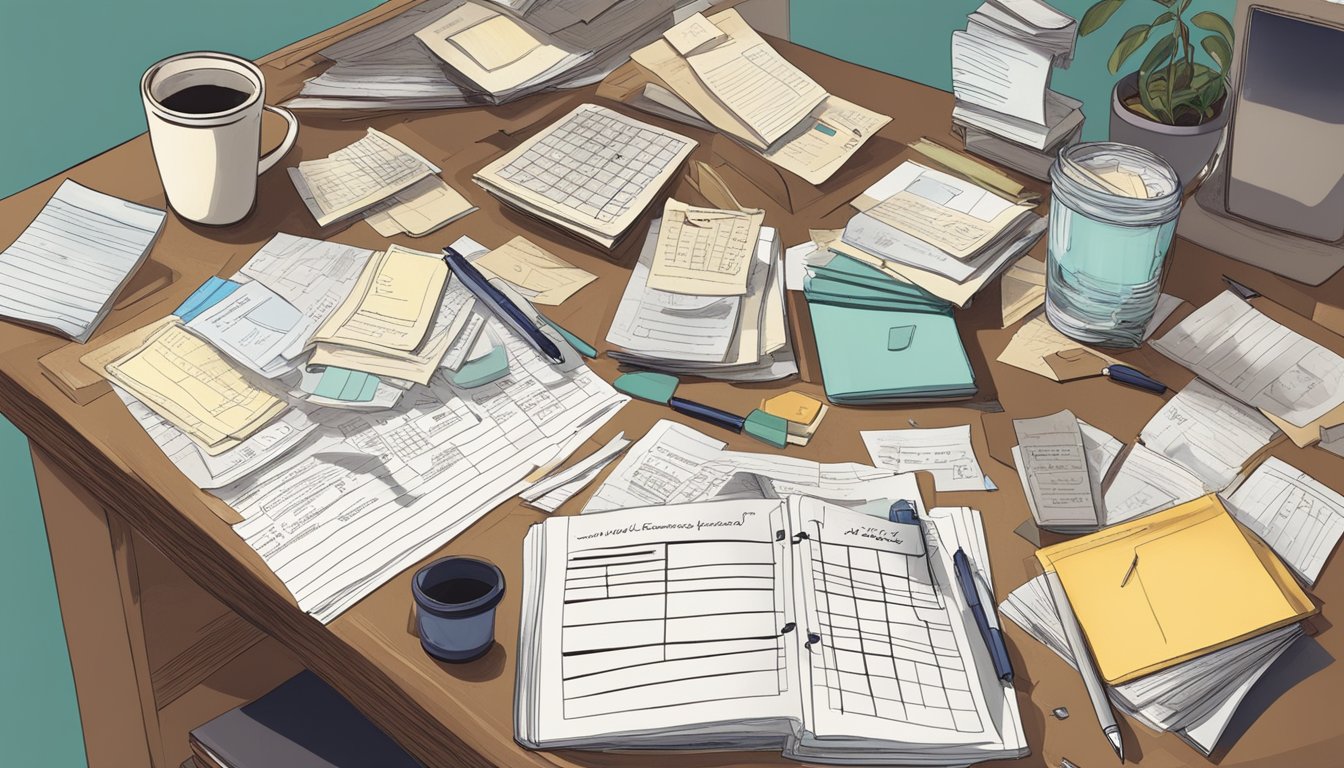 A cluttered desk with scattered legal documents, financial statements, and handwritten notes. A calendar marked with important dates and a photo of the deceased loved one