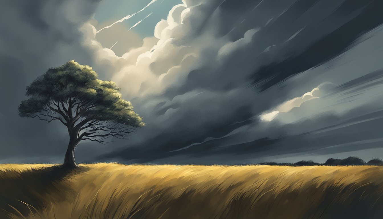 A stormy sky with dark clouds looming overhead, casting a shadow over a lone tree standing against the wind