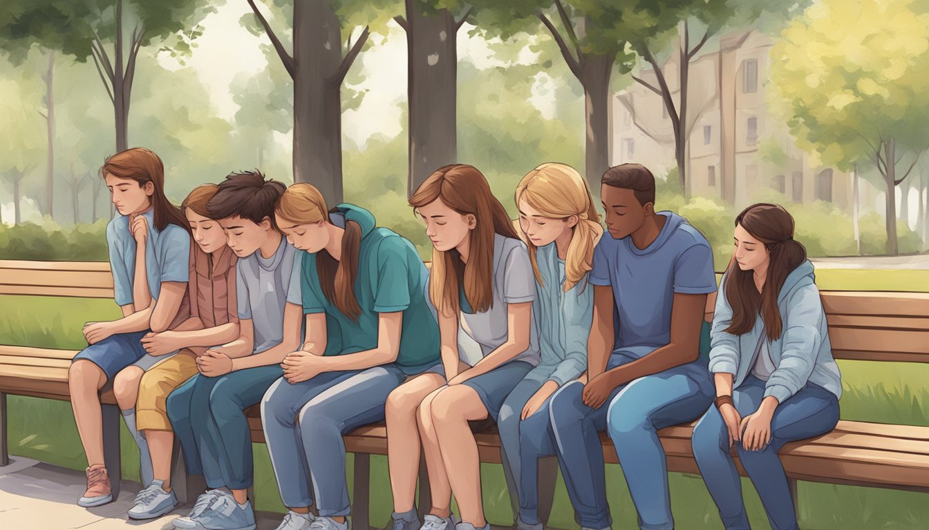 A teenager sitting on a bench, head bowed, surrounded by friends offering hugs and comfort