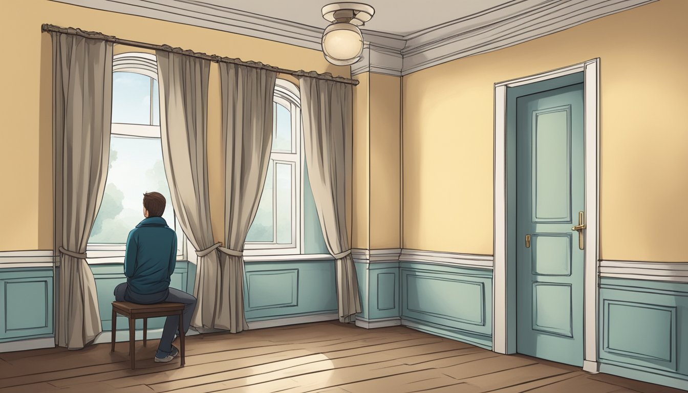 A person sitting alone in a quiet room, surrounded by closed doors and drawn curtains, creating a sense of privacy and solitude