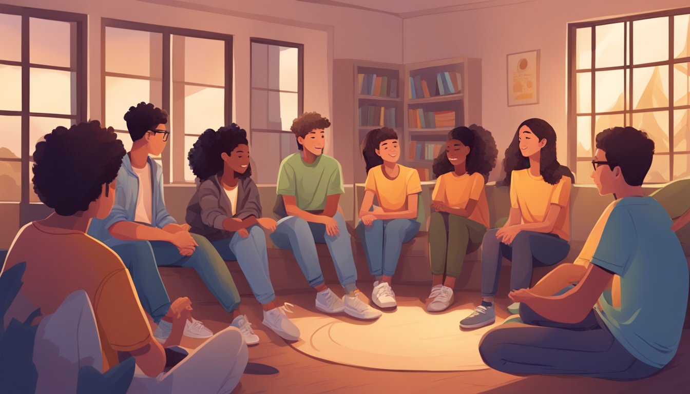 A group of teenagers sitting in a circle, sharing their feelings and experiences with a counselor in a cozy and supportive environment