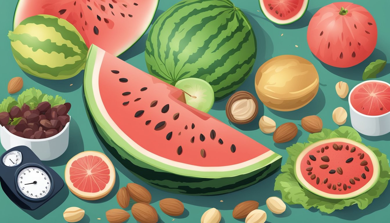 A watermelon slice surrounded by heart-healthy foods like nuts and leafy greens, with a blood pressure monitor in the background