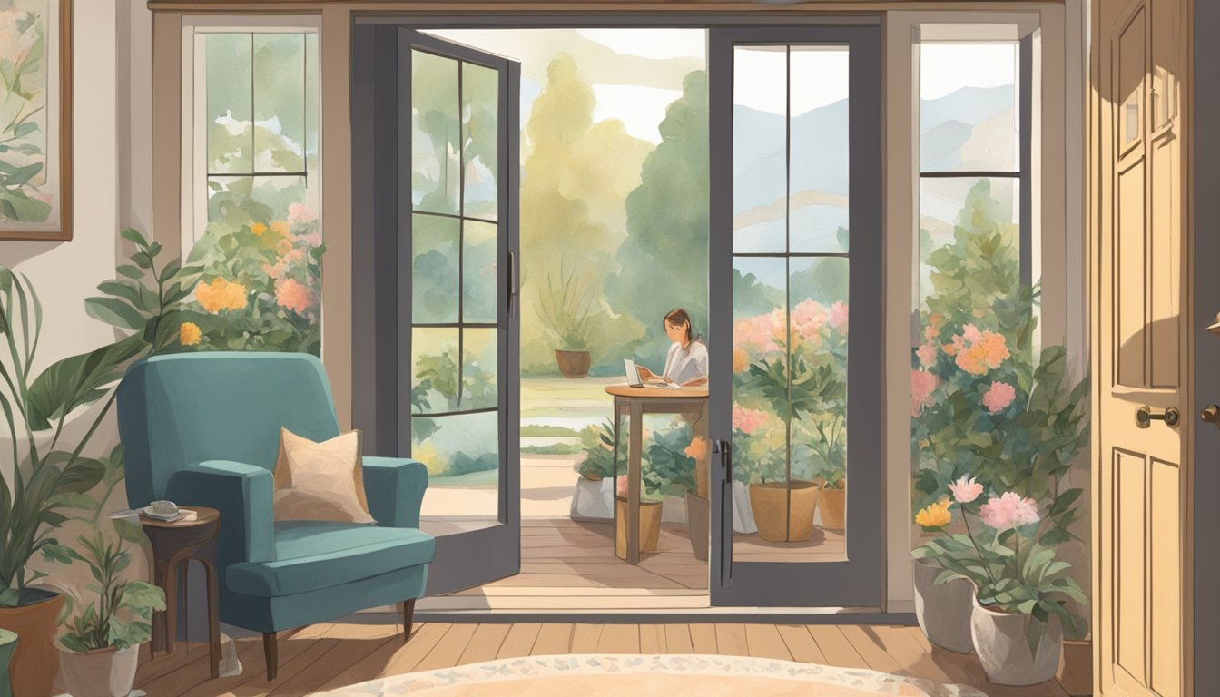 A figure sits alone in a cozy room, surrounded by personal mementos and a closed door. Outside, a serene garden provides a sense of calm and privacy