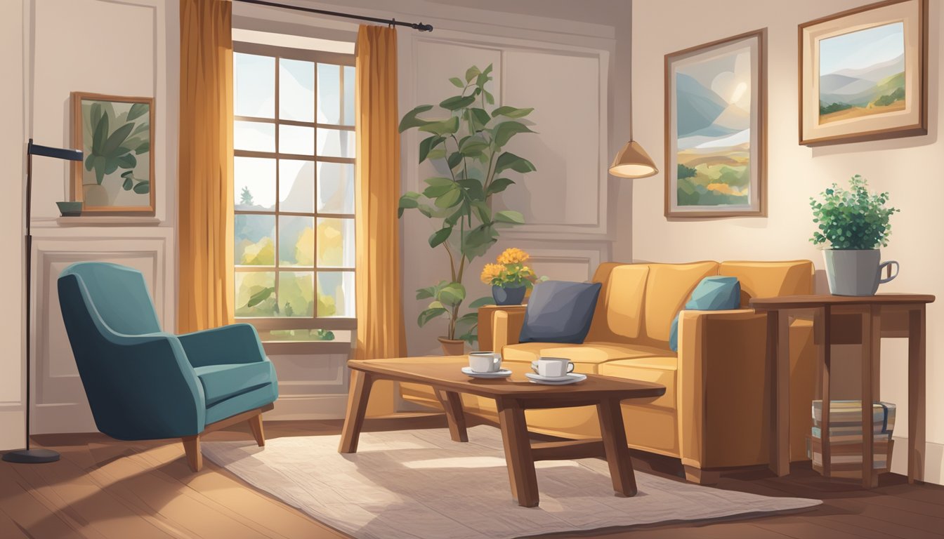 A cozy living room with a calendar on the wall, a warm cup of tea on a table, and a comforting chair for reflection