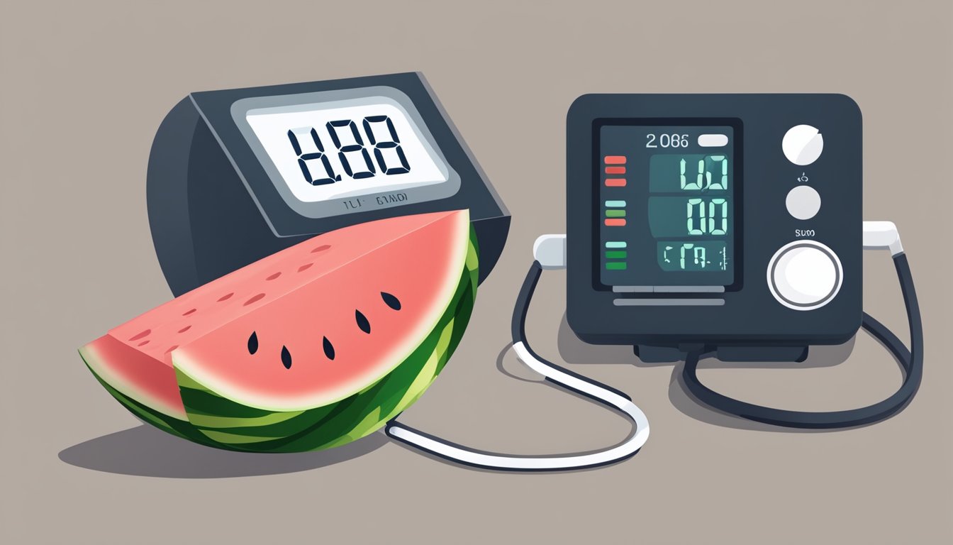 A watermelon slice next to a blood pressure monitor, with a heart rate chart showing a downward trend